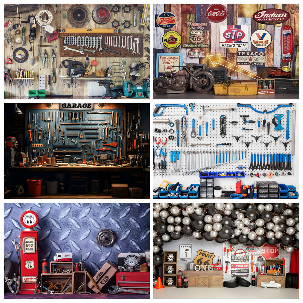 Workshop Tools Background - Vintage Garage Backdrops Car Repair Tool