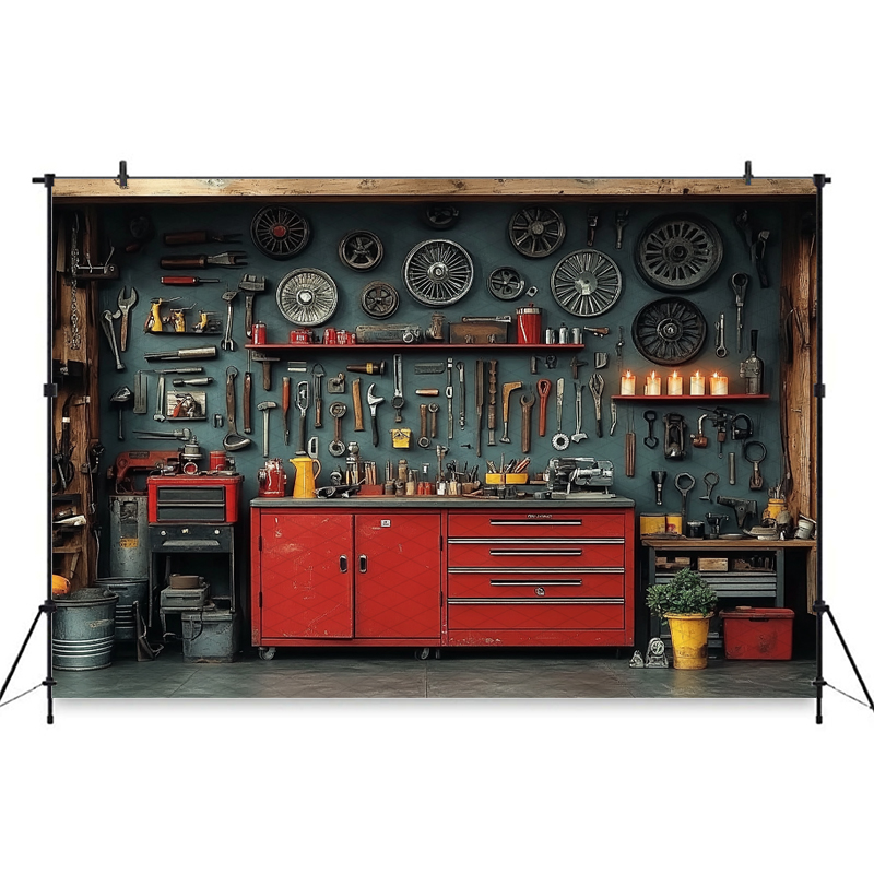 Mocsicka Red Classic Car Garag - Workshop Tools Background ulasan dan harga