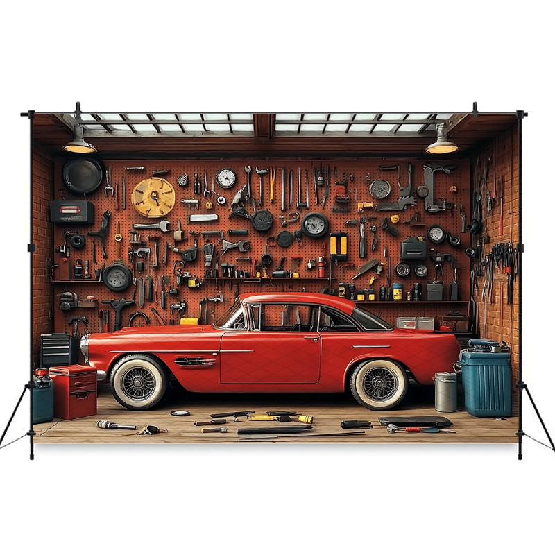 Mocsicka Red Classic Car Garag - Workshop Tools Background ulasan dan harga