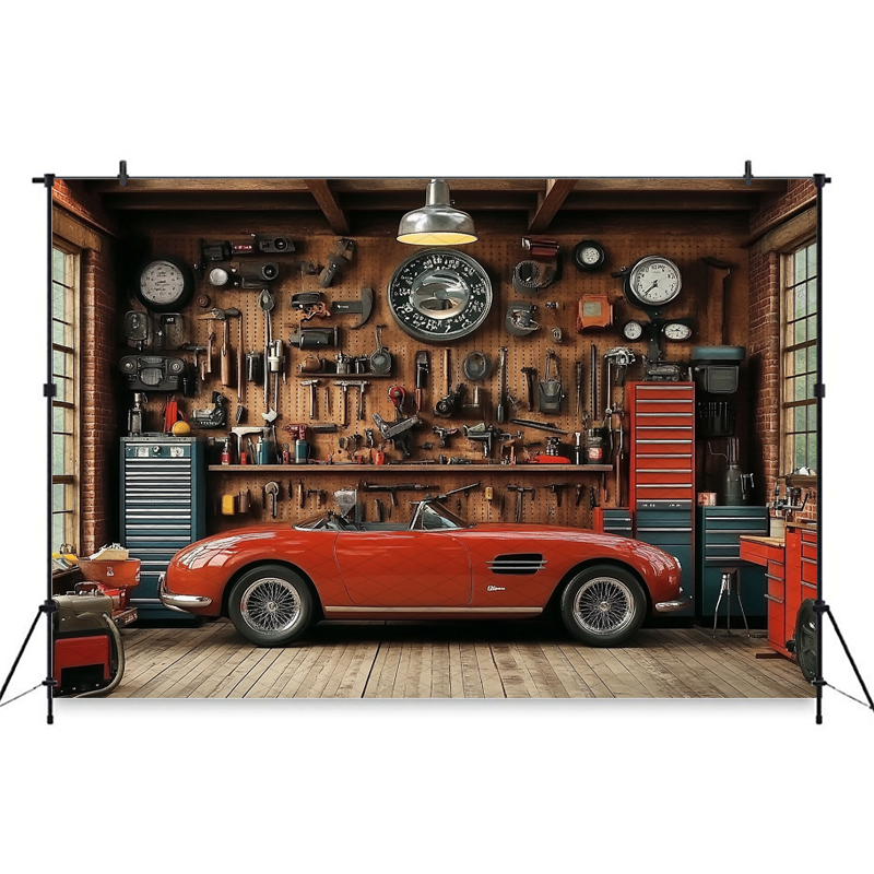 Mocsicka Red Classic Car Garag - Workshop Tools Background ulasan dan harga